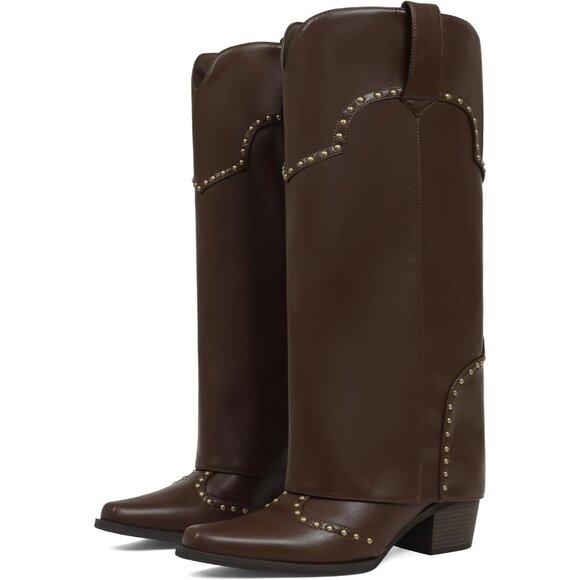Women's Brown Fold Over Knee High Snip Toe Cowboy Boots Chunky Heel Classic